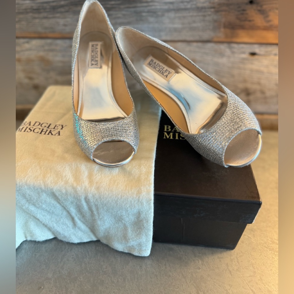 Badgley Mischka Awaken Silver Glitter Wedge Peeptoe, size 6.5, never worn